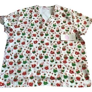 Microflex Unisex White Christmas Scrub Top Size 2XL- Hot Cocoa Theme- NEW